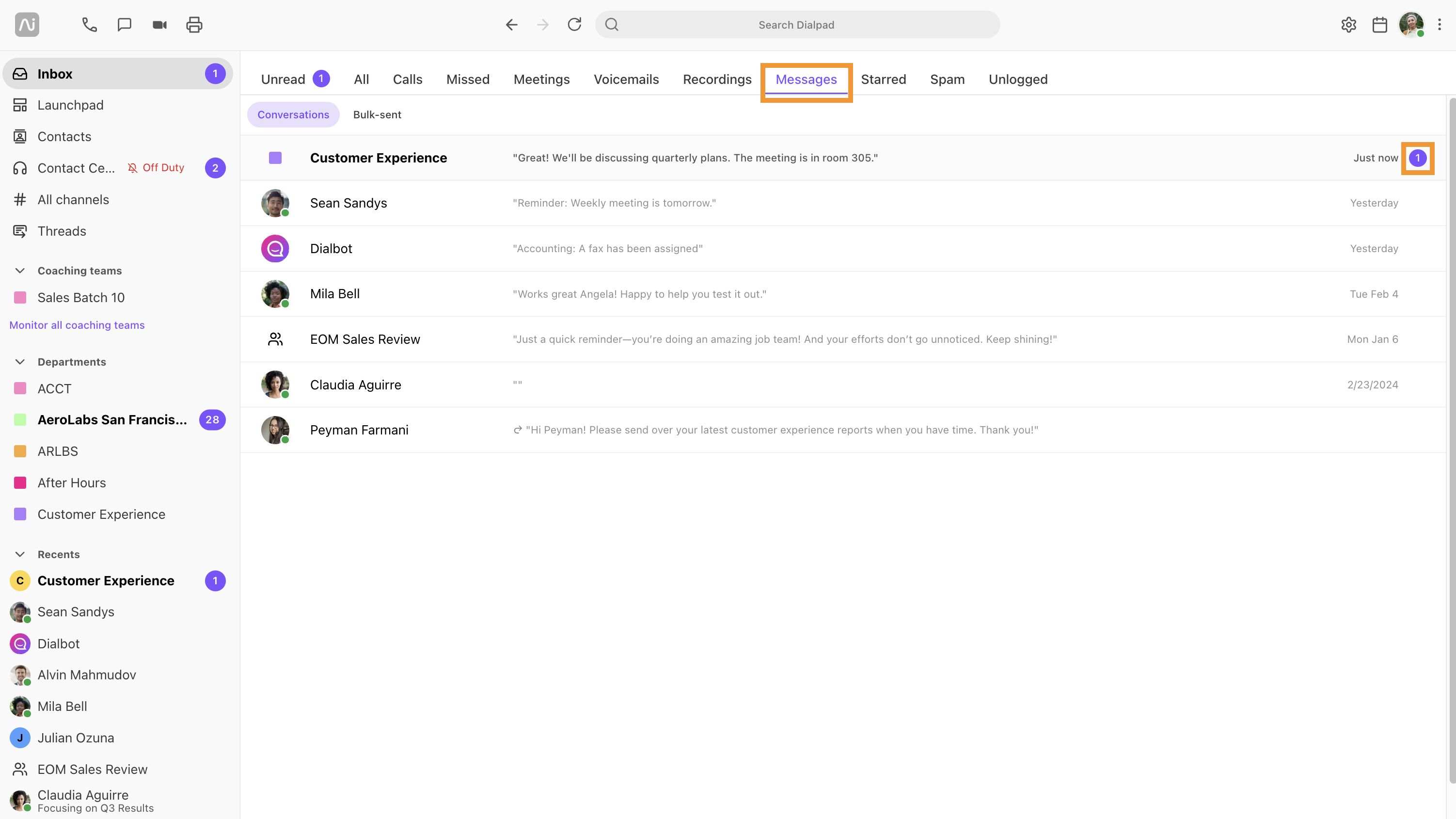 Screenshot of the Dialpad application Inbox with orange boxes highlighting the 'Messages' tab at the top and a new message notification badge next to a Customer Experience thread.