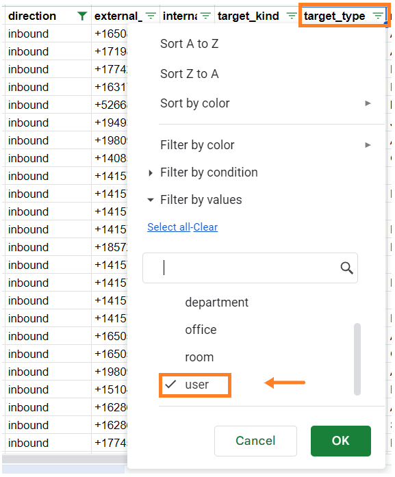 Image showing the user selected in target type column.