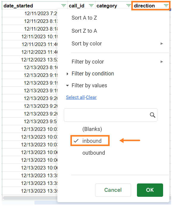 Image showing inbound filter to select.