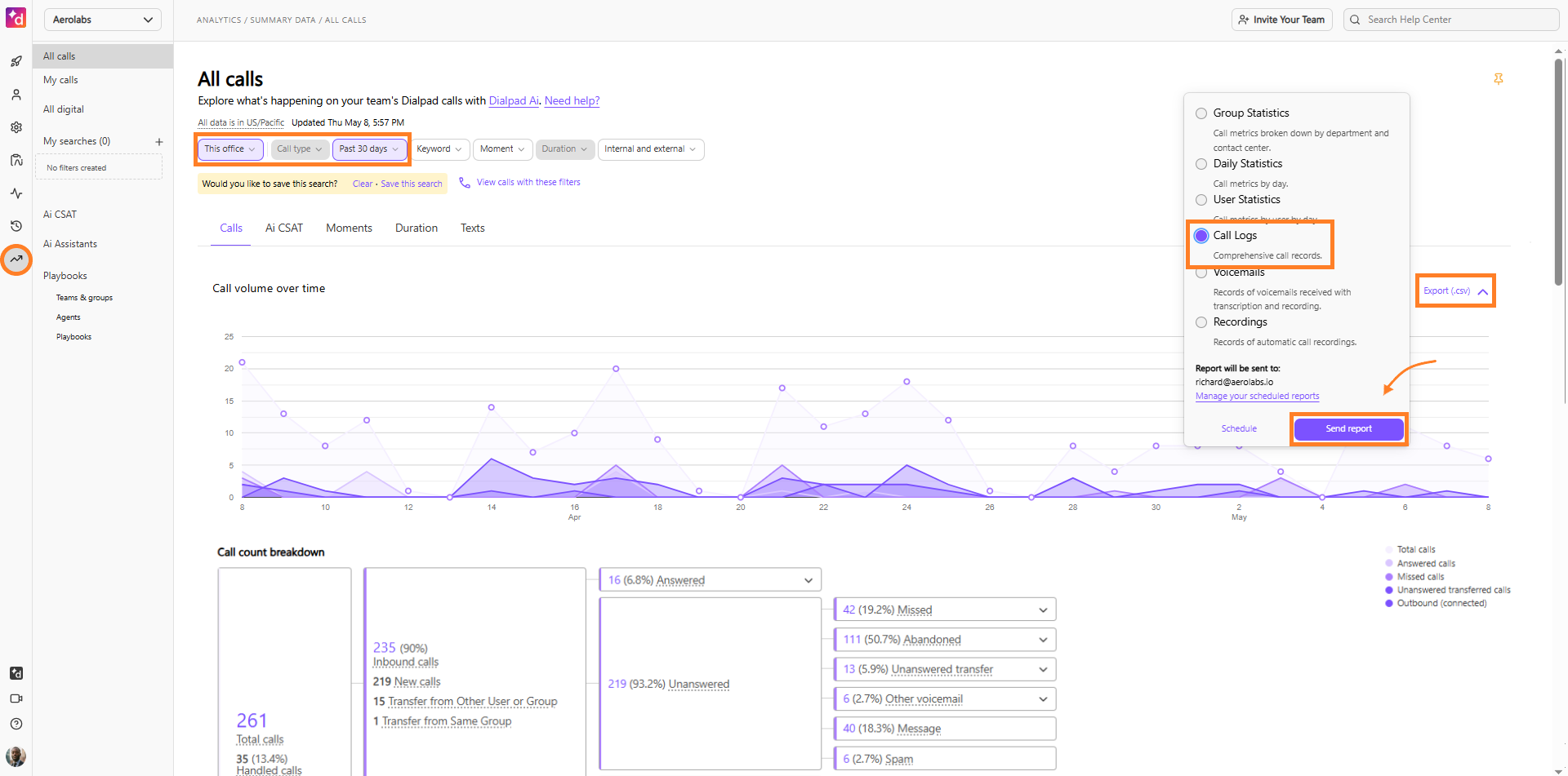 Image showing where to export call logs