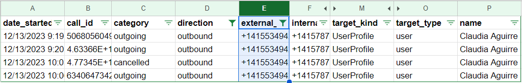 IMage showing the data export with External column selected.
