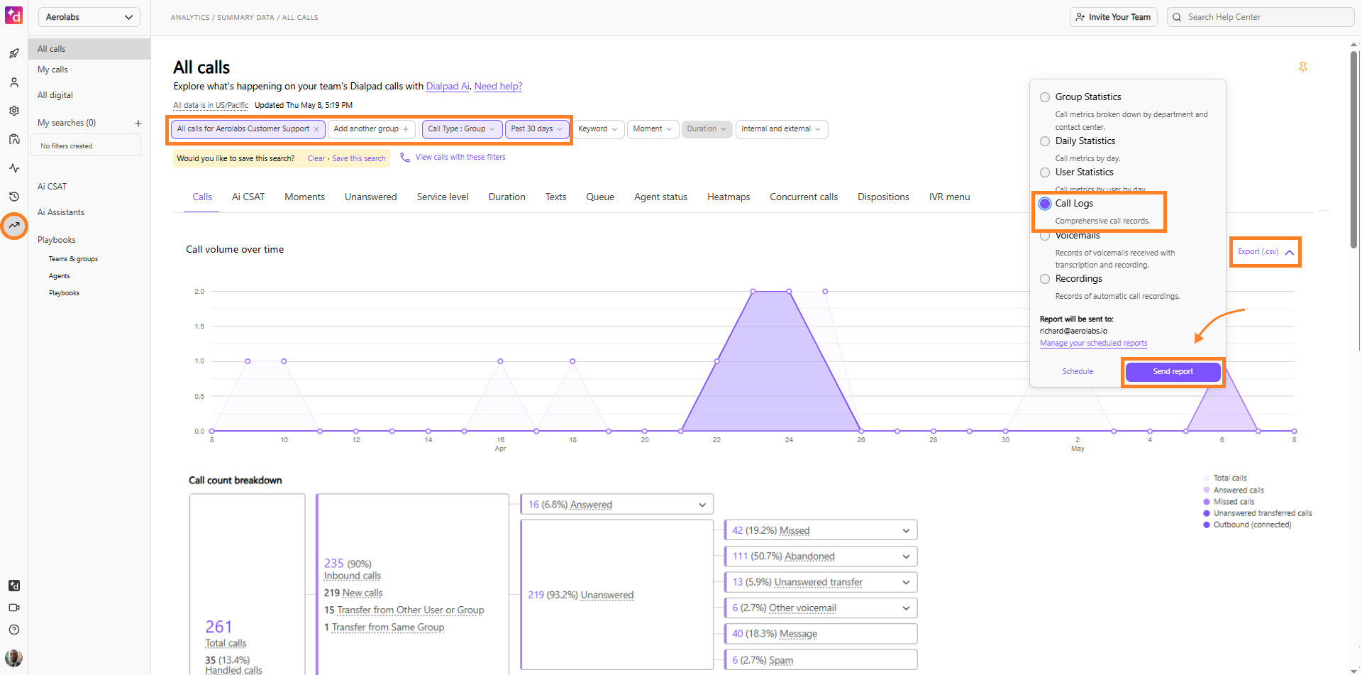 Image showing where to export call logs