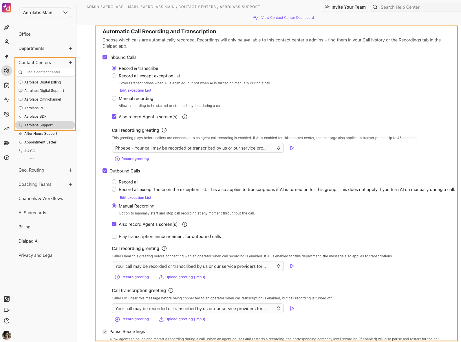 Settings page for call recording and transcription