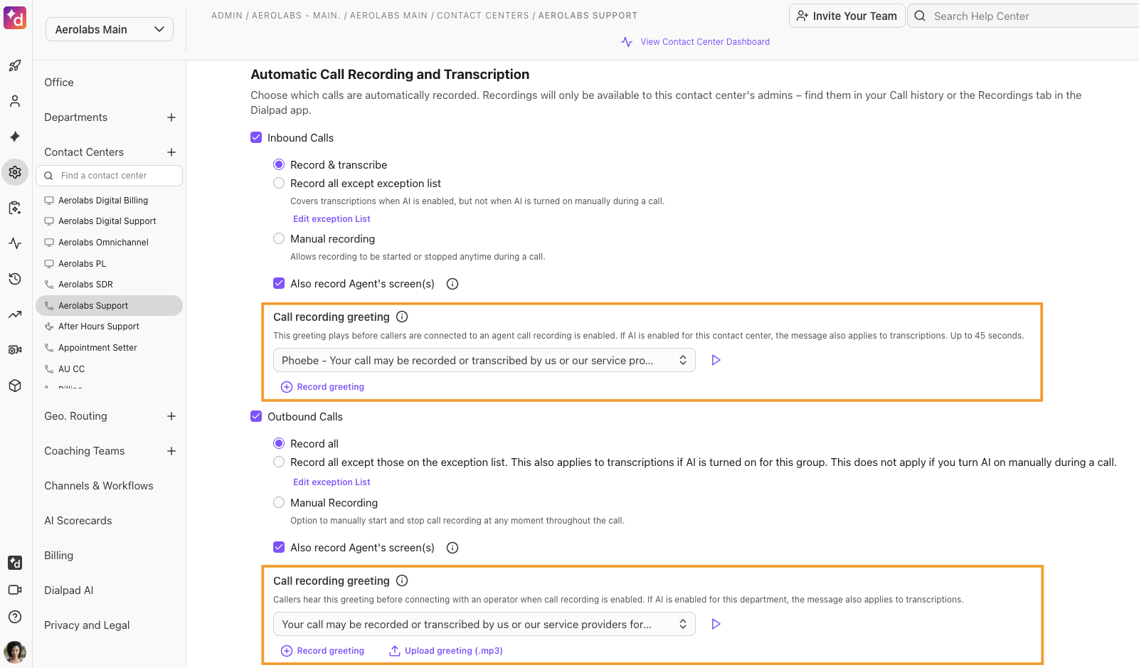 Settings page showing the call recording greeting options