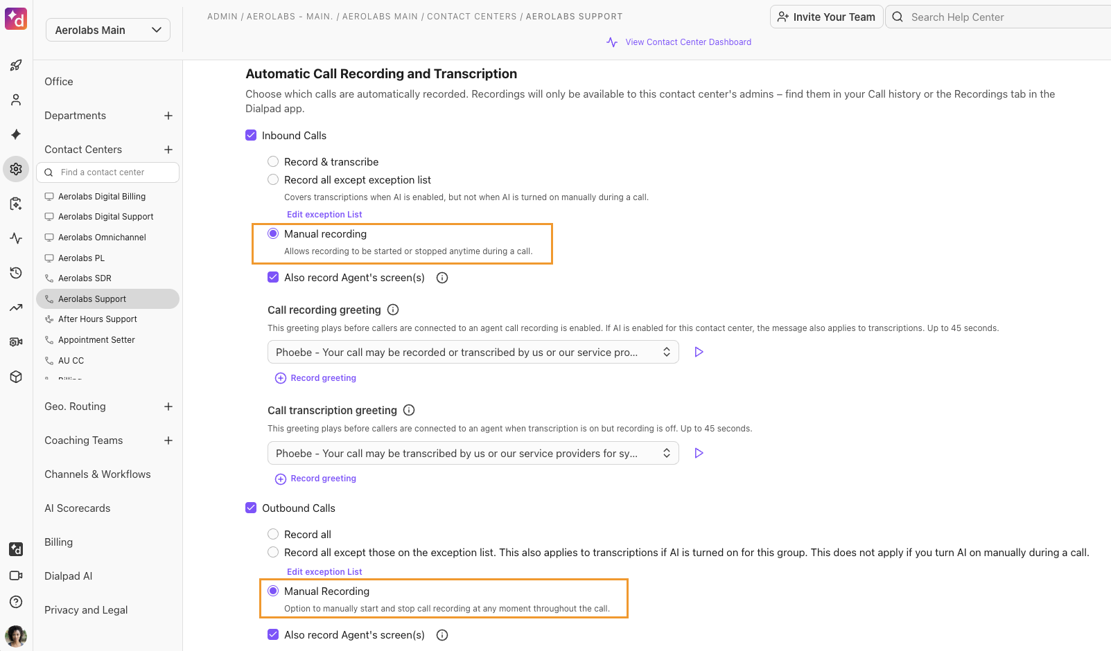 Settings page showing the manual recording options