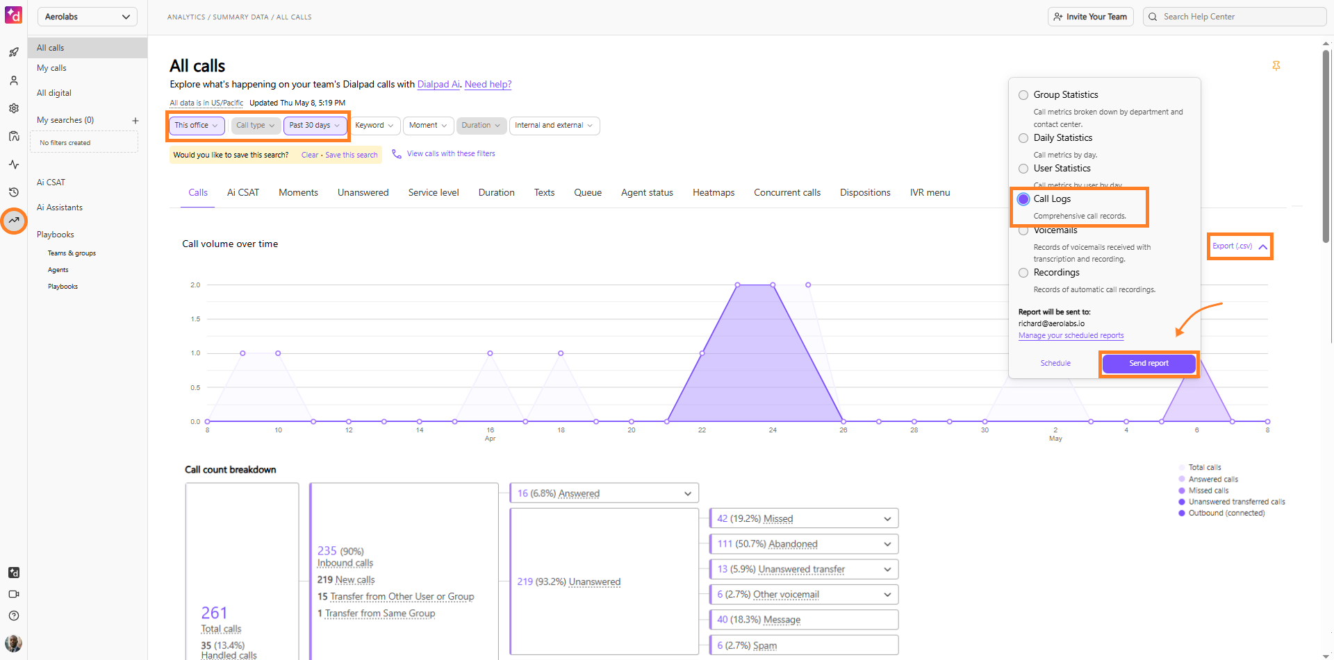 Image showing where to export call logs.