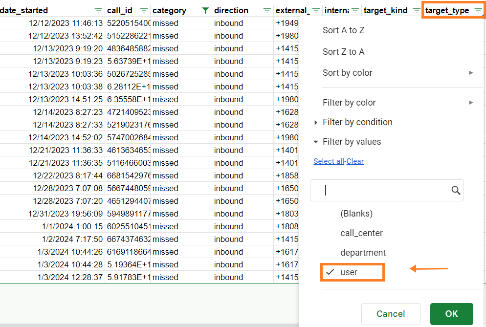 Image showing the user target type selected.