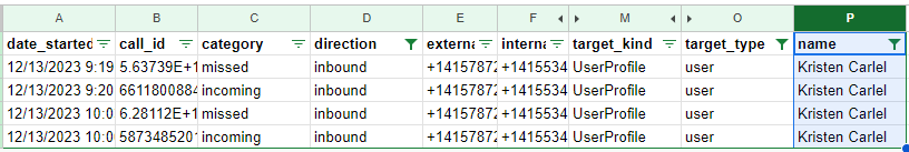 Image showing the name column in the data sheet.