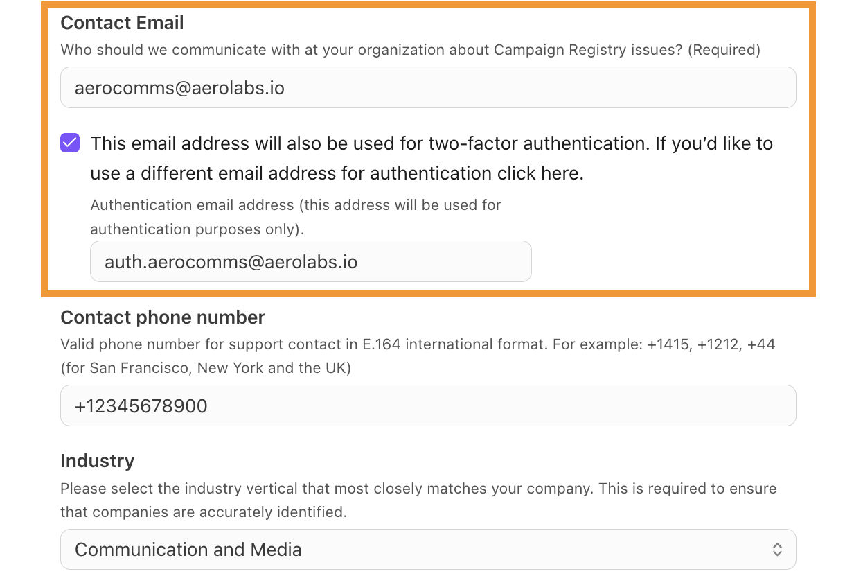 View of an SMS branding settings window, highlighting the option to add a separate email for authorization compliance.