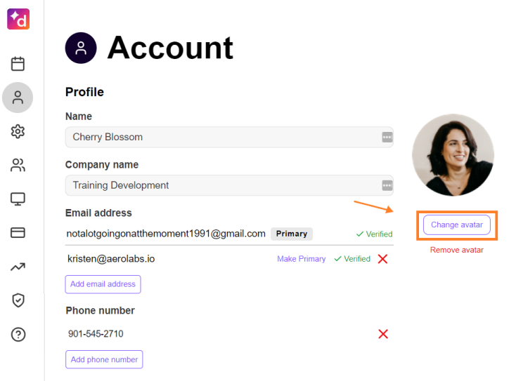 Change Avatar button to change profile photo