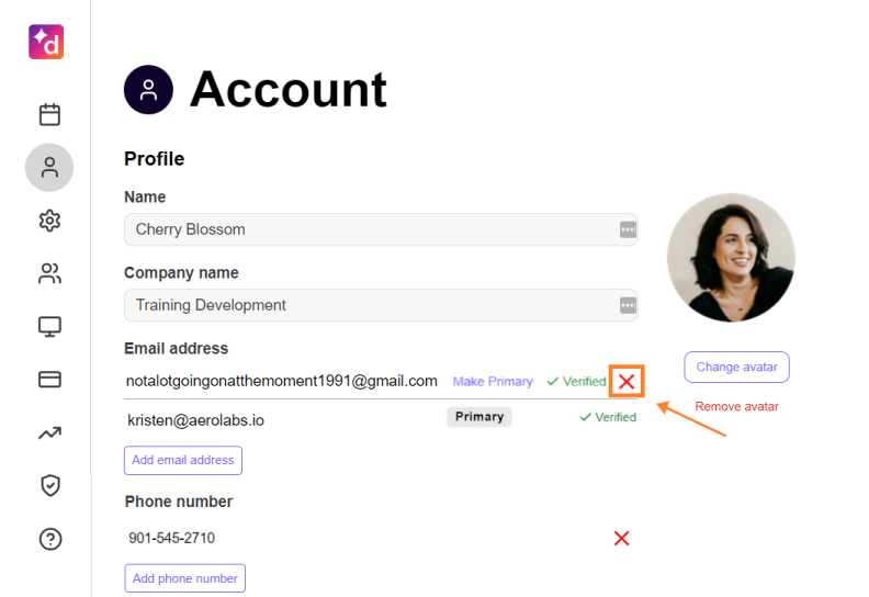 X icon beside the email to be removed