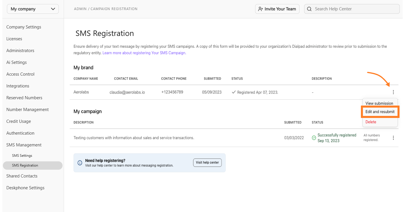 Screenshot of the Dialpad Admin Portal SMS Registration page, featuring an orange arrow pointing to an orange box highlighting the 'Edit and resubmit' option in the brand options drop-down menu.