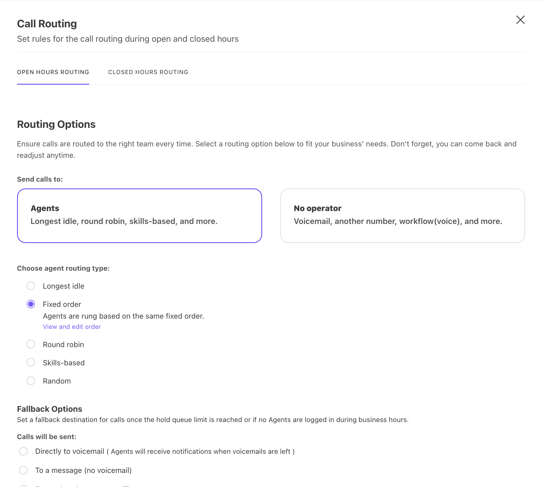 Vier of the Call Routing settings page for a Contact Center.