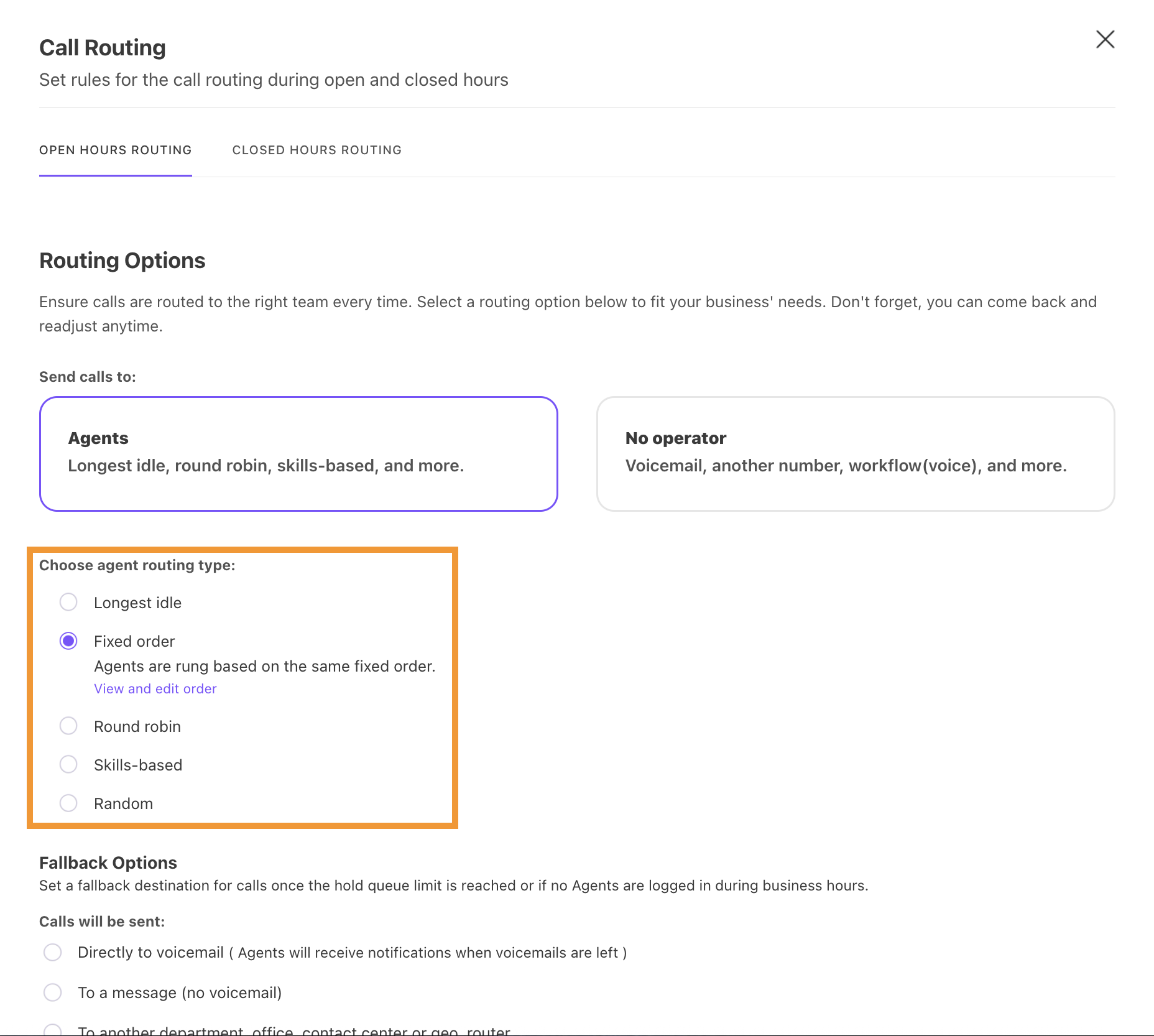 View of the Call Routing settings page for a Contact Center. The agent routing options are highlighted.