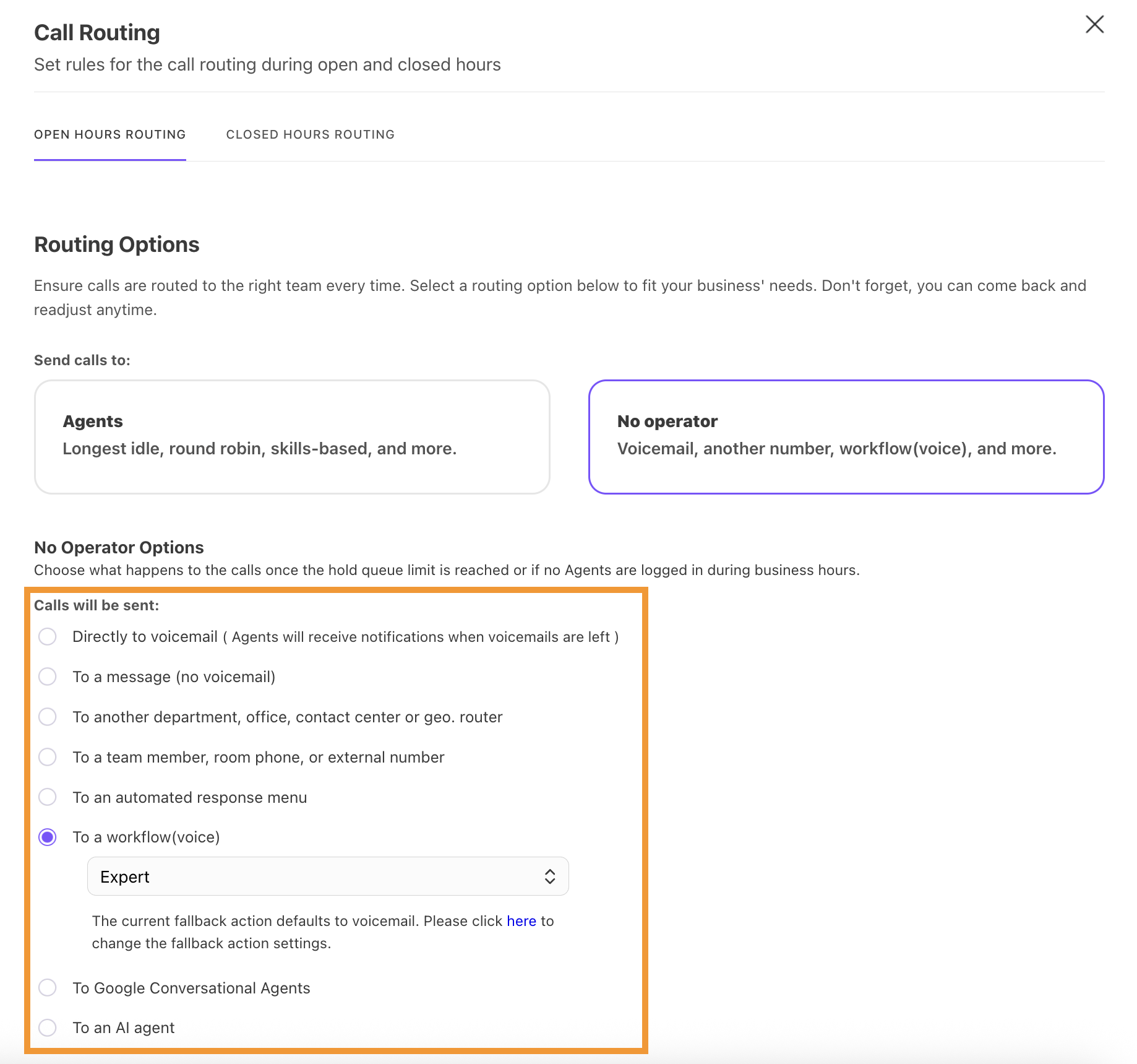 View of the Call Routing settings page for a contact center. The options for when an operator is not available are highlighted.
