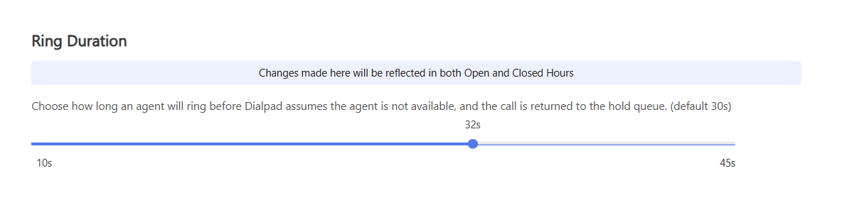 Ring duration slider for how long a call rings before it's sent to the hold queue.