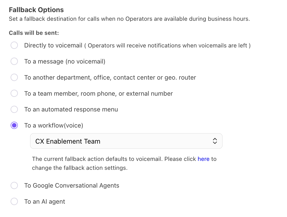 A view of the call fallback options if a call isn't picked up by an agent.