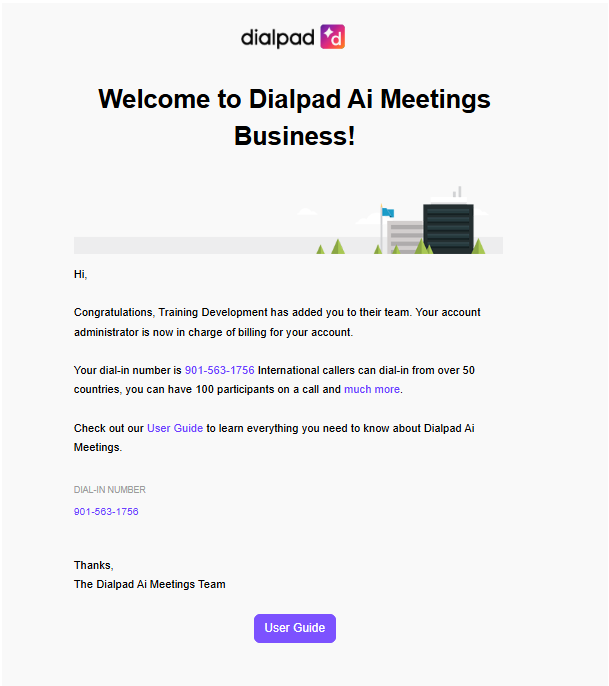 Dialpad Meetings account welcome email
