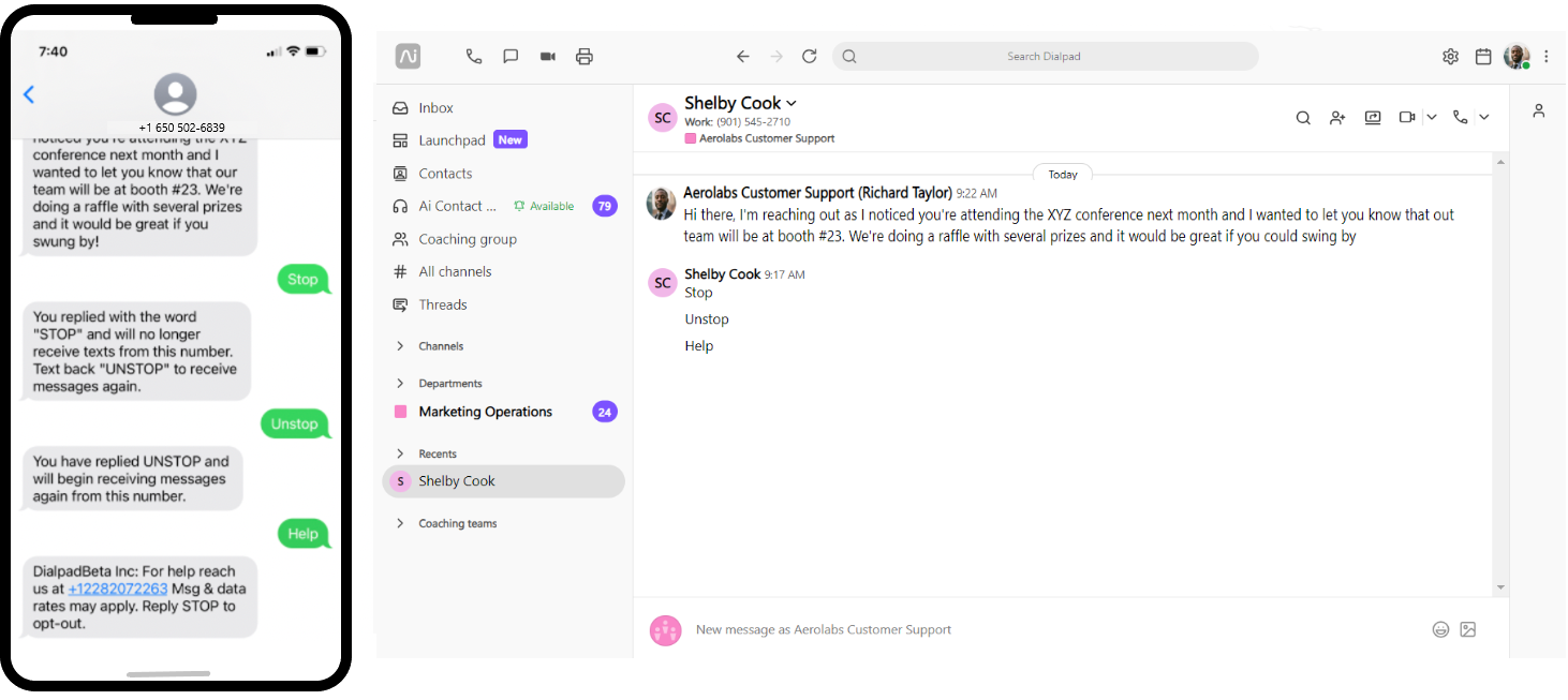 Side-by-side screenshot showing a mobile messaging interface on the left and the Dialpad desktop application on the right, demonstrating the automated responses generated when a recipient texts the keywords STOP, UNSTOP, and HELP.