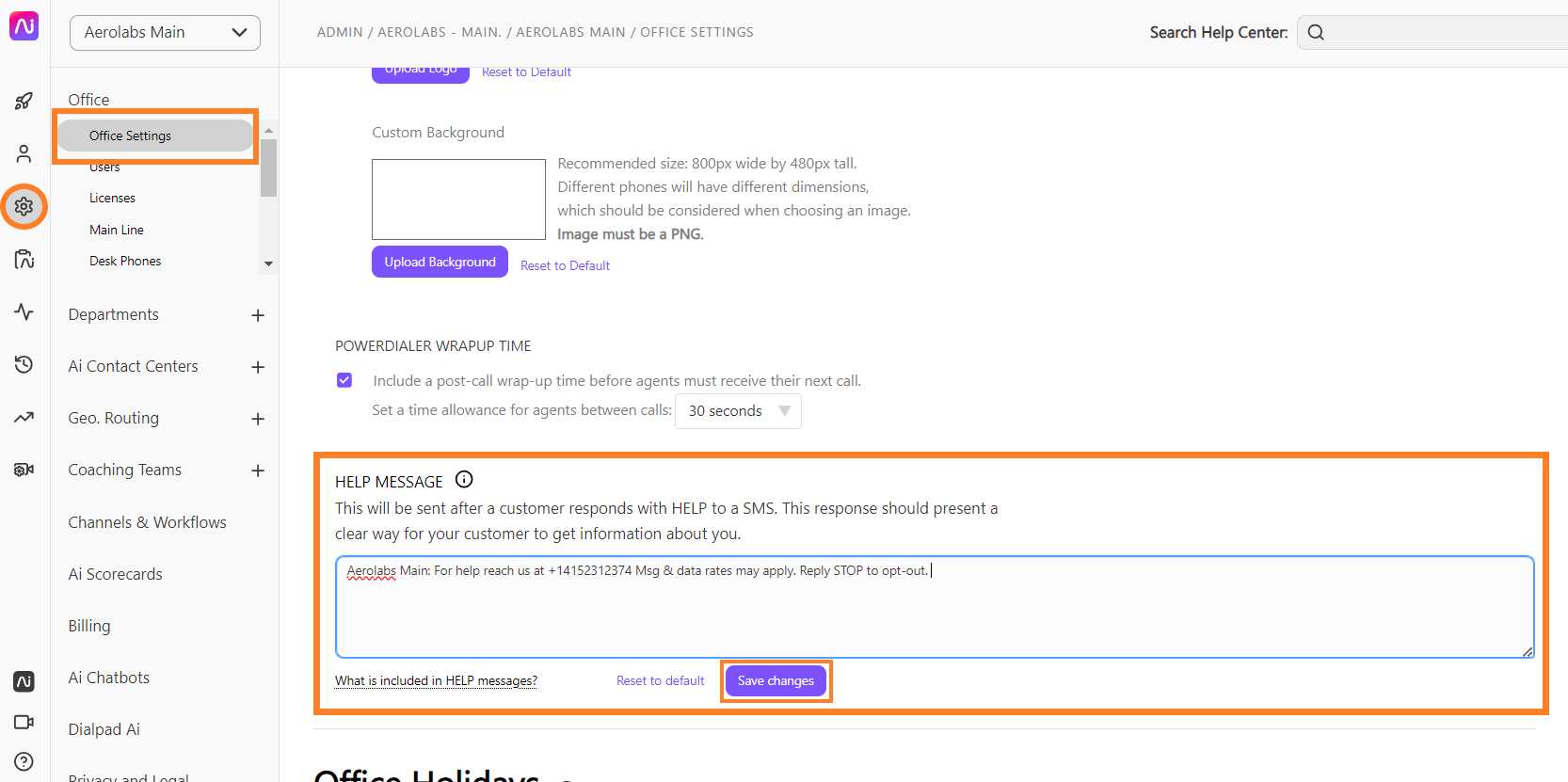 Screenshot of the Dialpad Office Settings page with orange boxes highlighting the gear icon and 'Office Settings' on the left sidebar navigation, along with the 'HELP MESSAGE' text box and its 'Save changes' button.