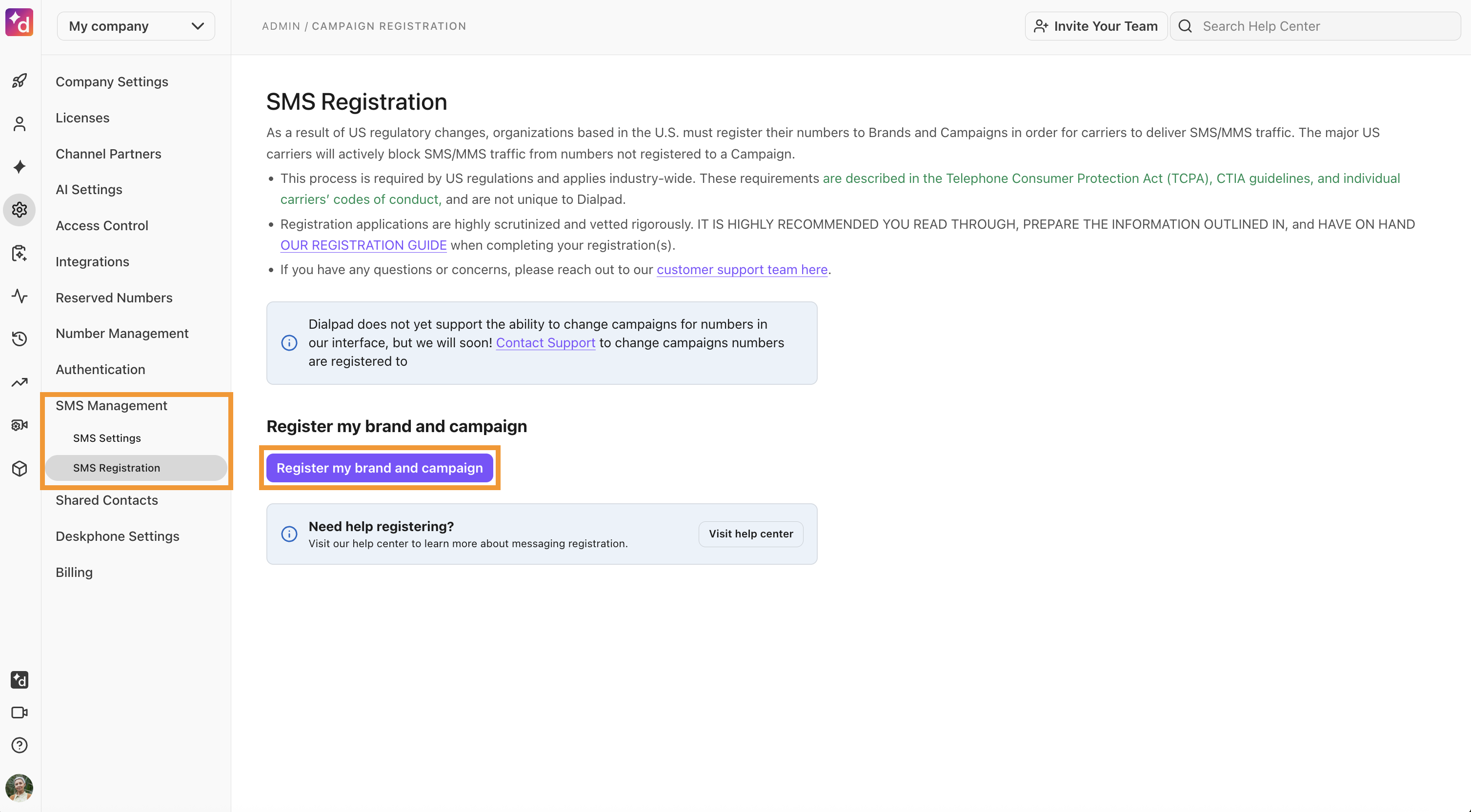 The SMS Registration page, showing the option to register a brand or campaign.