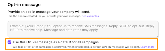 Screenshot of the Opt-in message settings form with an orange box highlighting a selected checkbox for 'Use this OPT-IN message as a default for all campaigns'.