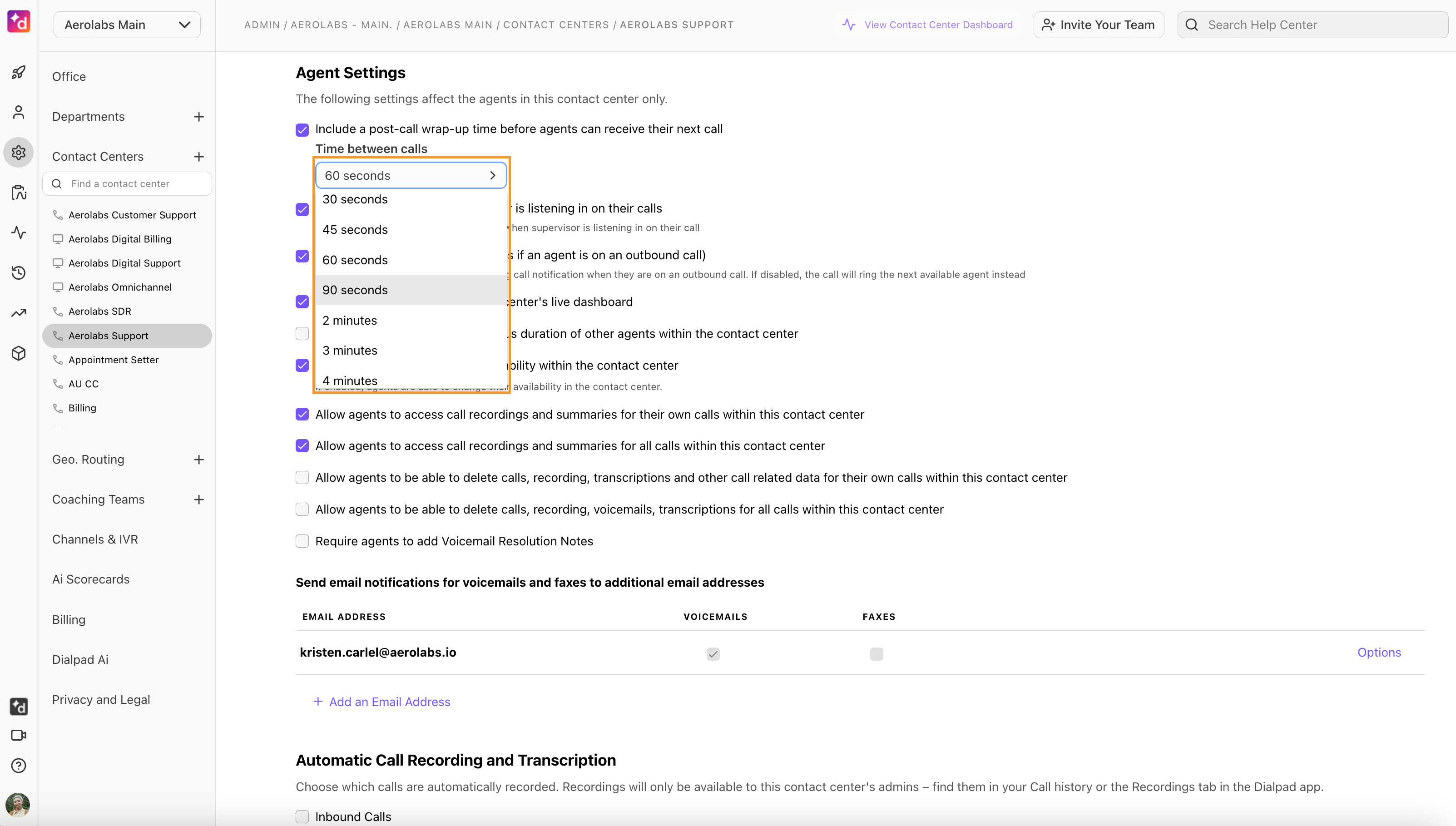 Setting to define how long a post-call wrap-up is for agents to complete.