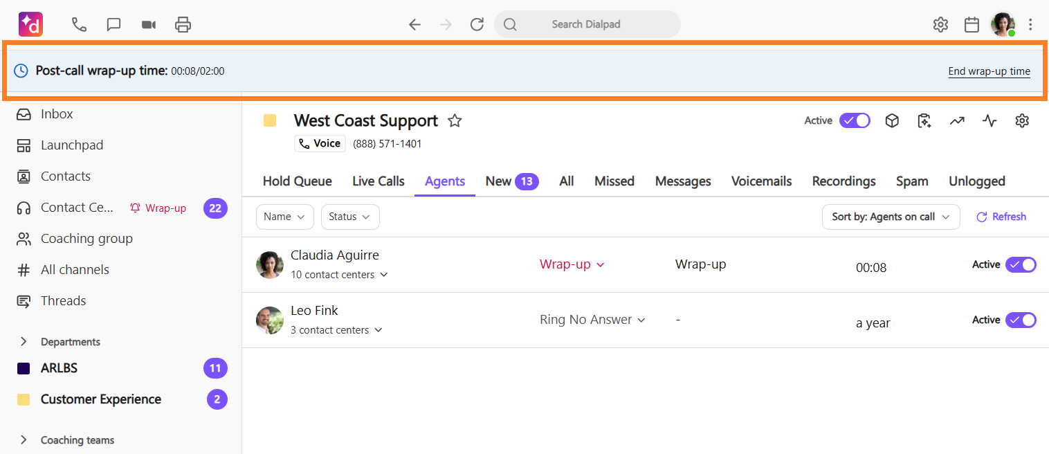 View of the post-call wrap-up time banner in the Dialpad main screen