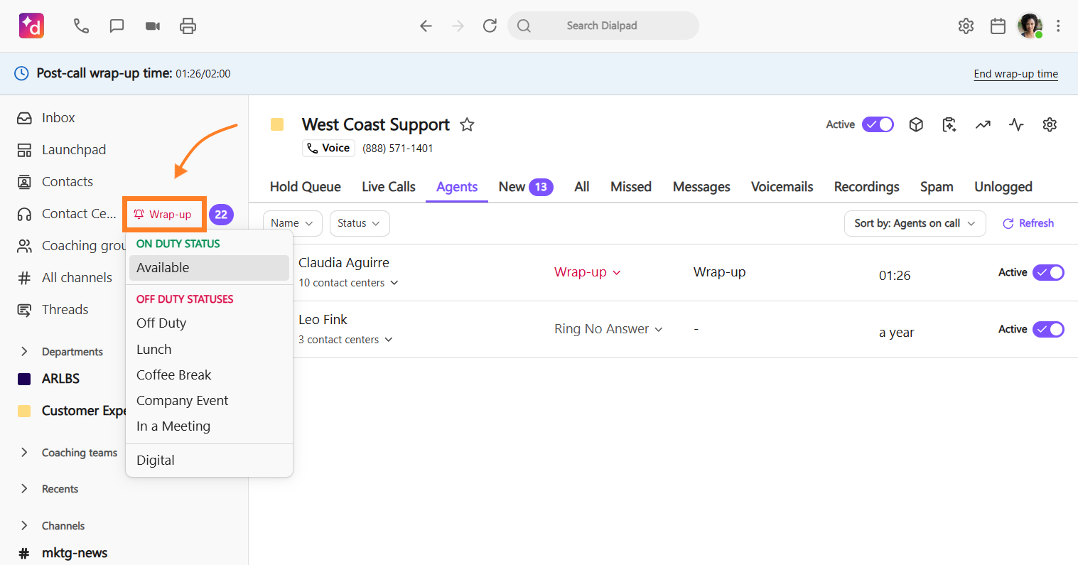 View of the wrap-up status in the left-side navigation bar