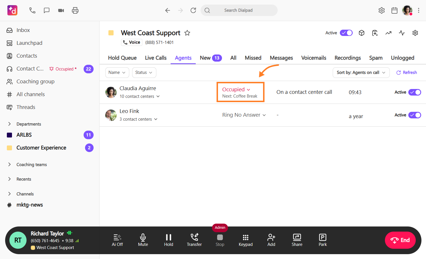 Supervisor view of an agent's status change