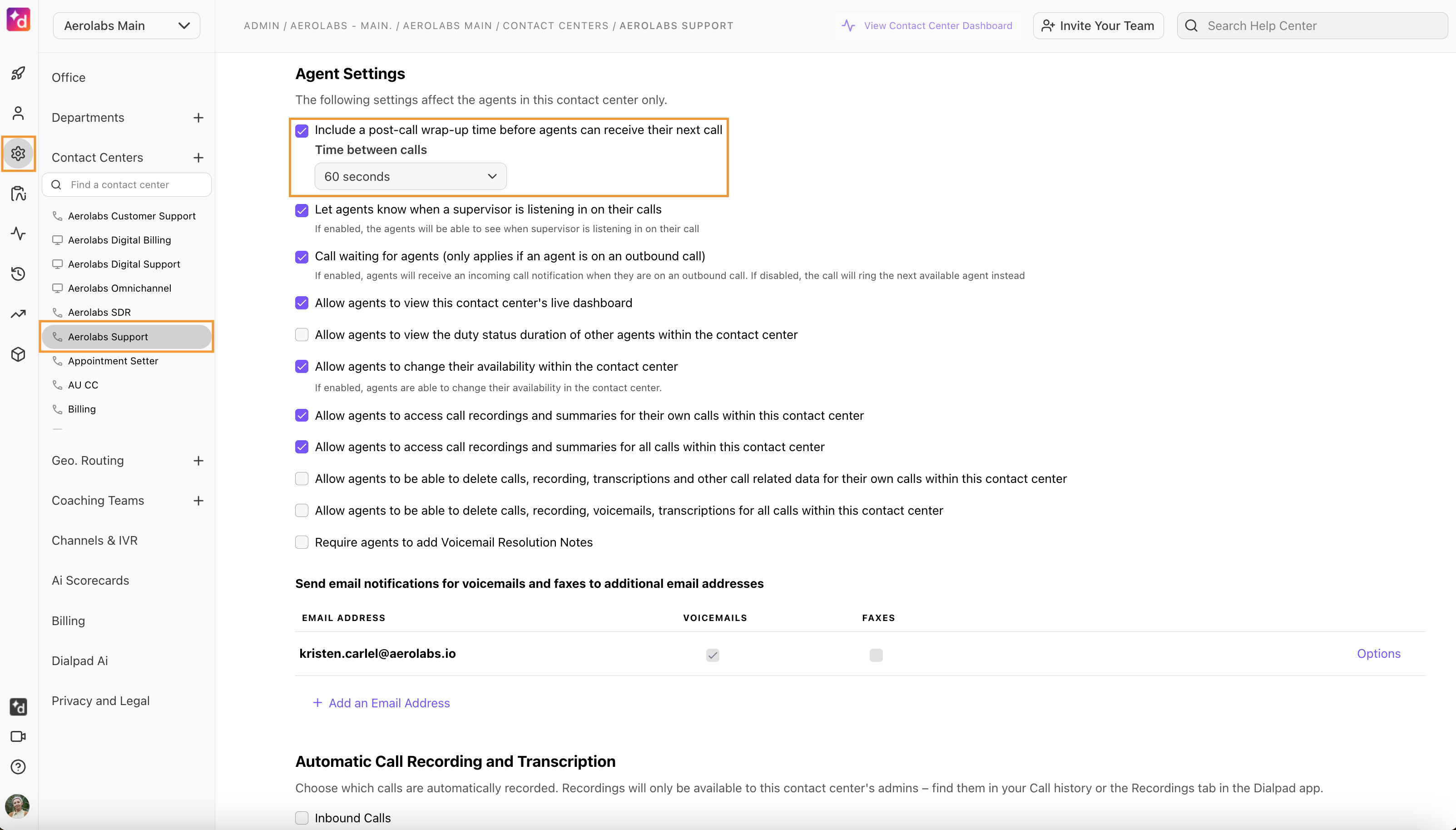 Settings page to enable post-call wrap-up time