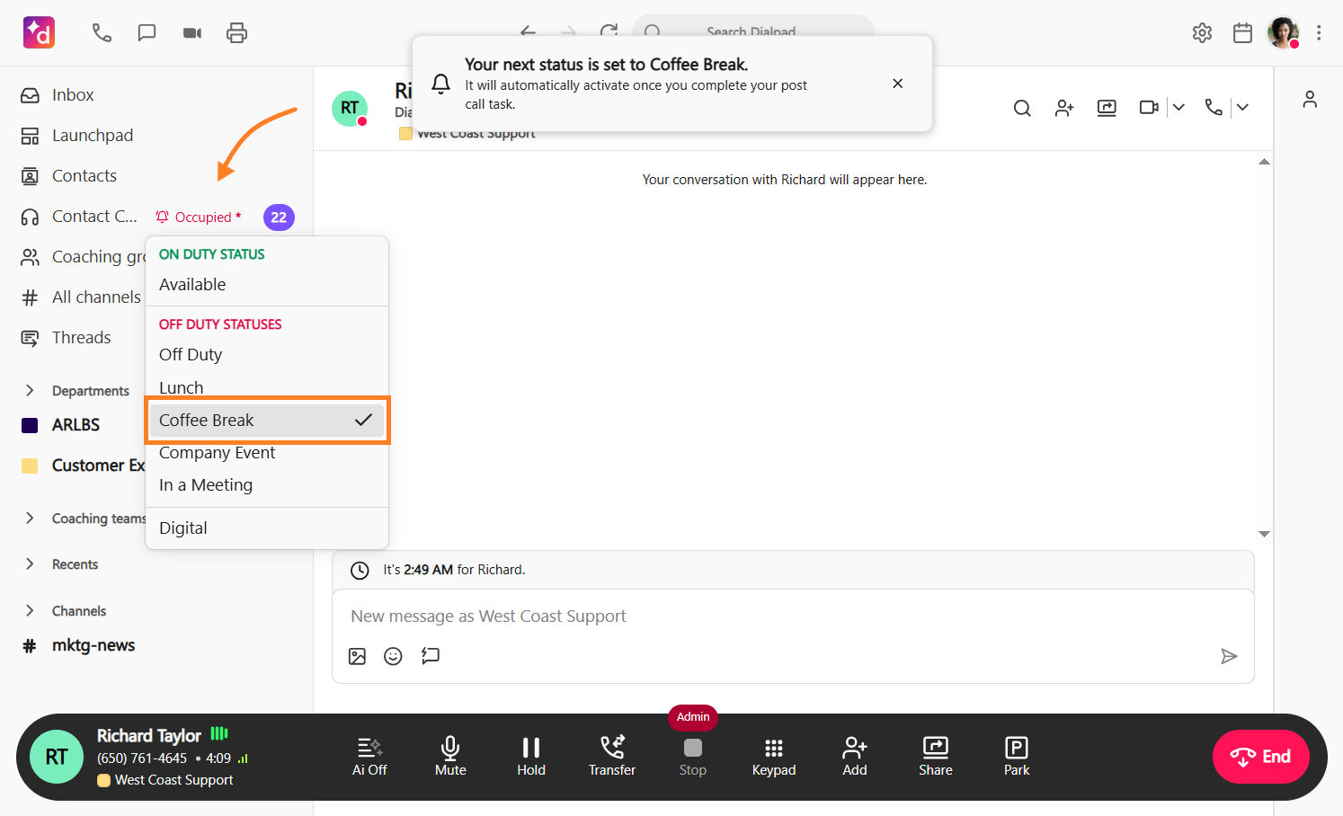 Status change view from the contact center list