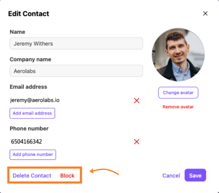 Block and&nbsp;Delete Contact button
