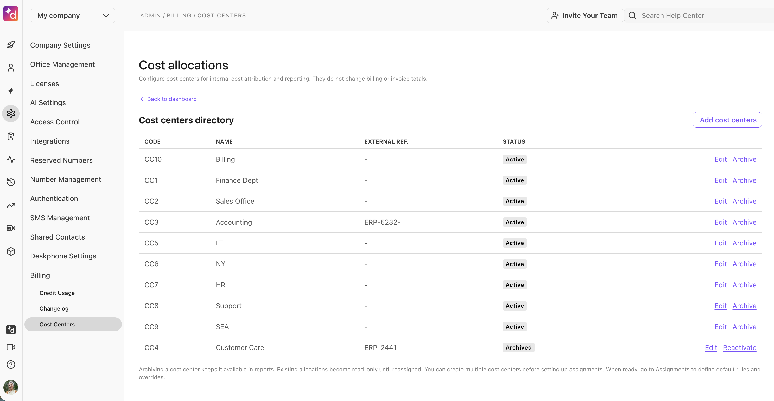 Image of cost center directory.