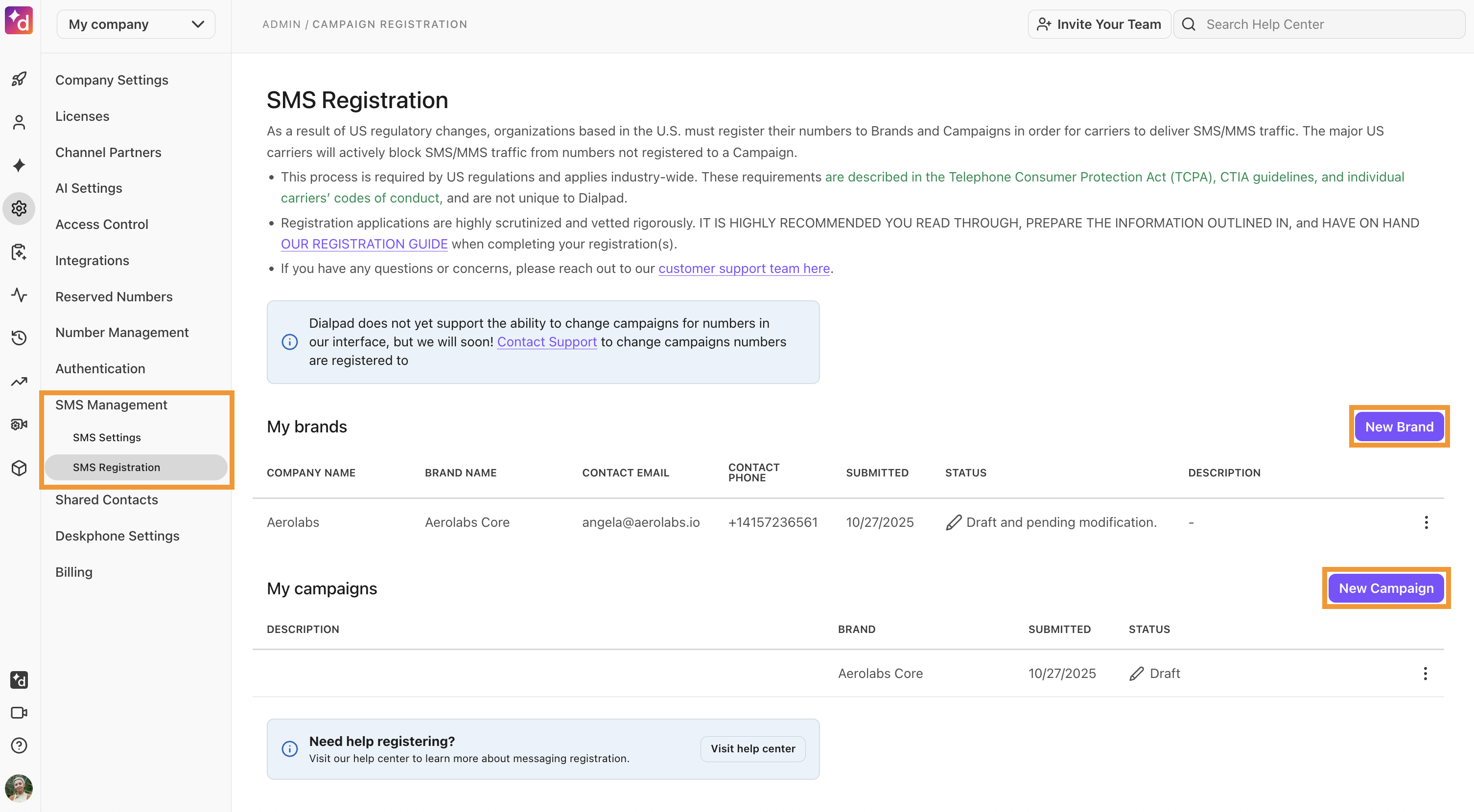 The SMS Registration page, showing the options to create a brand or a new campaign.