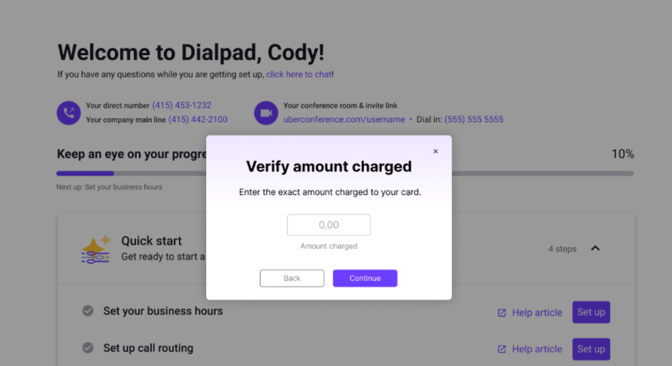 Confirmation of amount charged pop-up