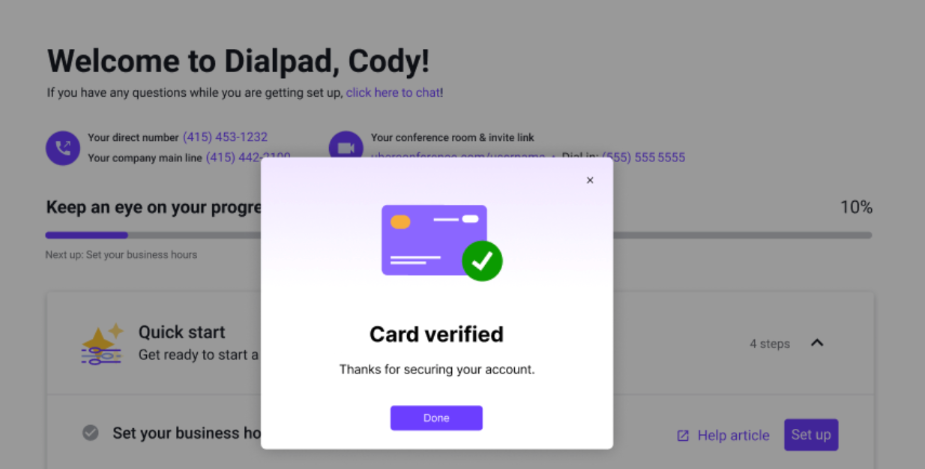 Verification confirmation pop-up.