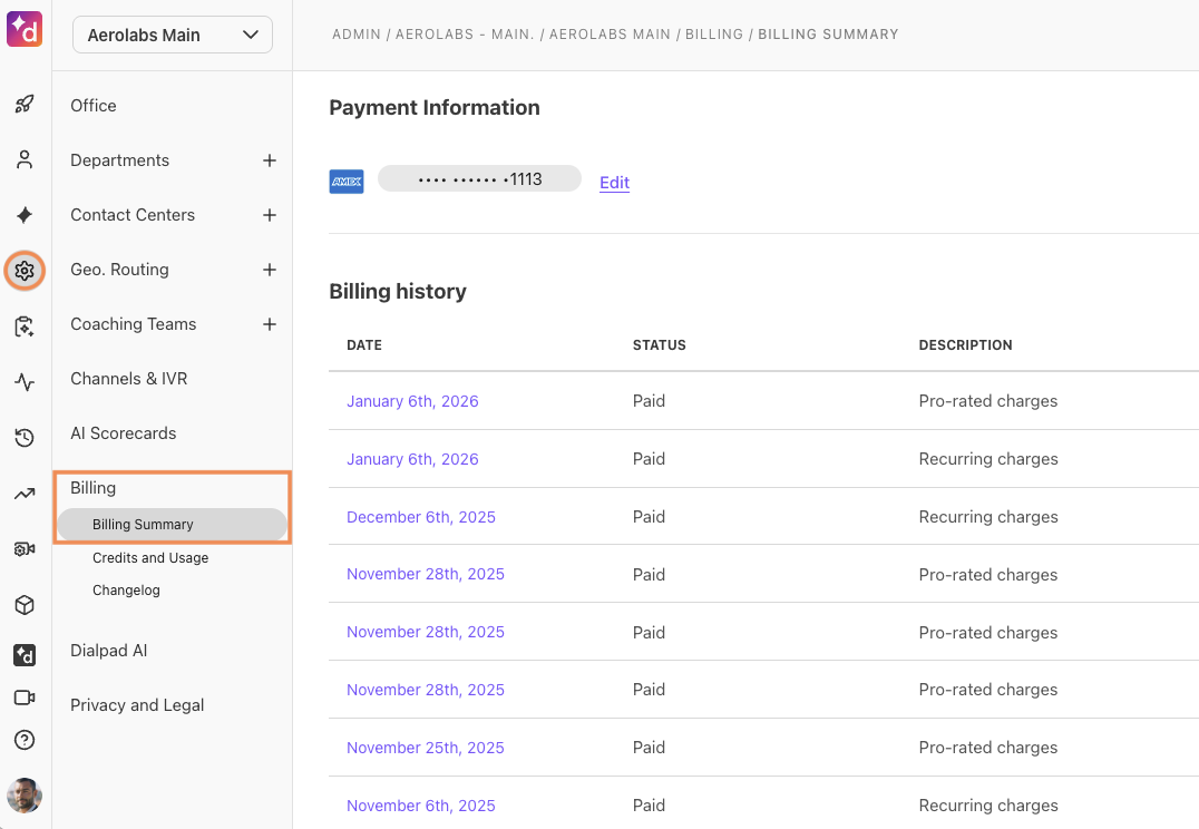 Billing history page