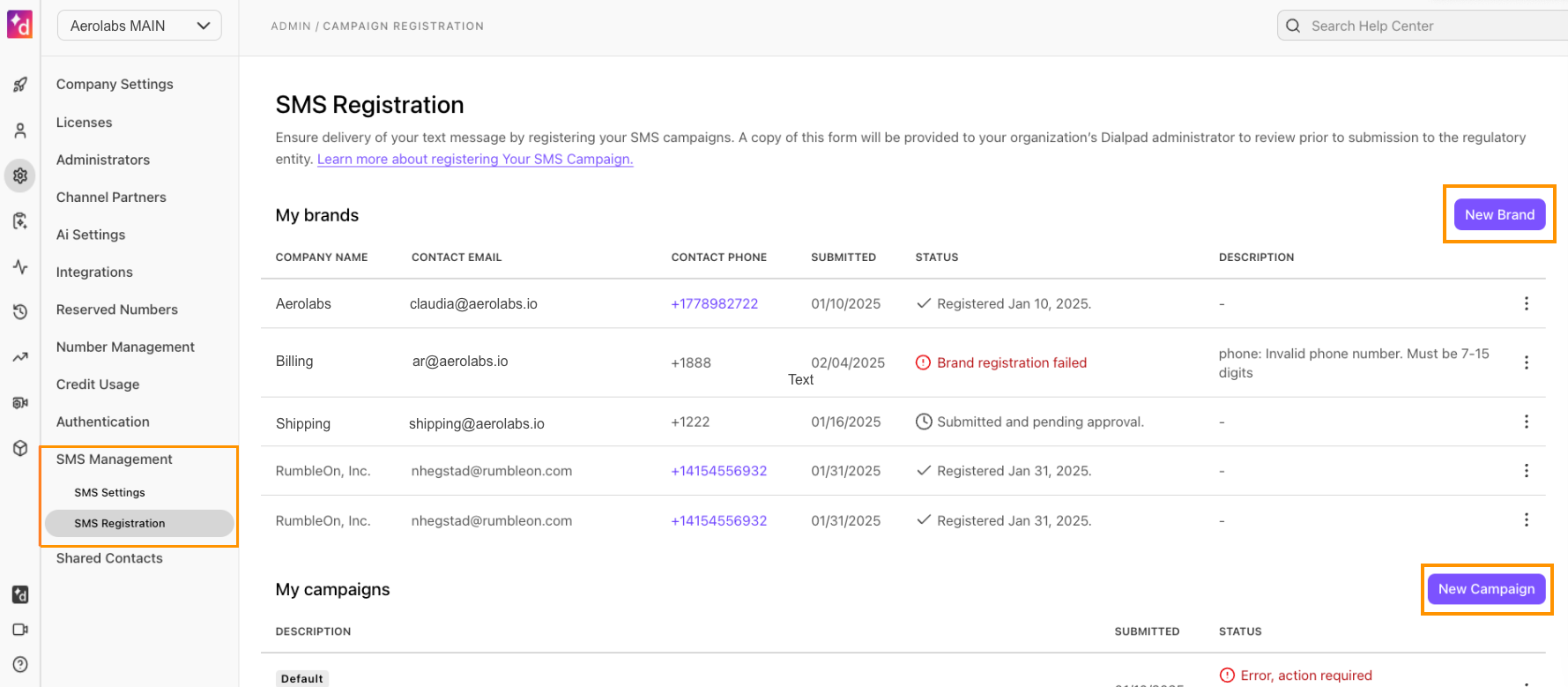 Screenshot of the Dialpad Admin Portal SMS Registration page with orange boxes highlighting the 'SMS Registration' tab in the left sidebar, the 'New Brand' button on the right, and the 'New Campaign' button further down.