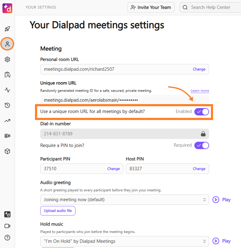 unique meeting URL toggle