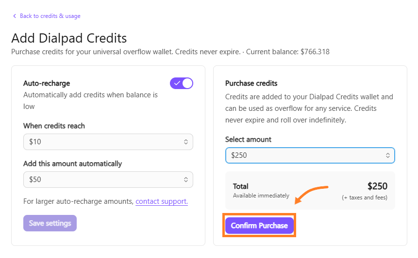 Confirm purchase from Add Dialpad Credits page.
