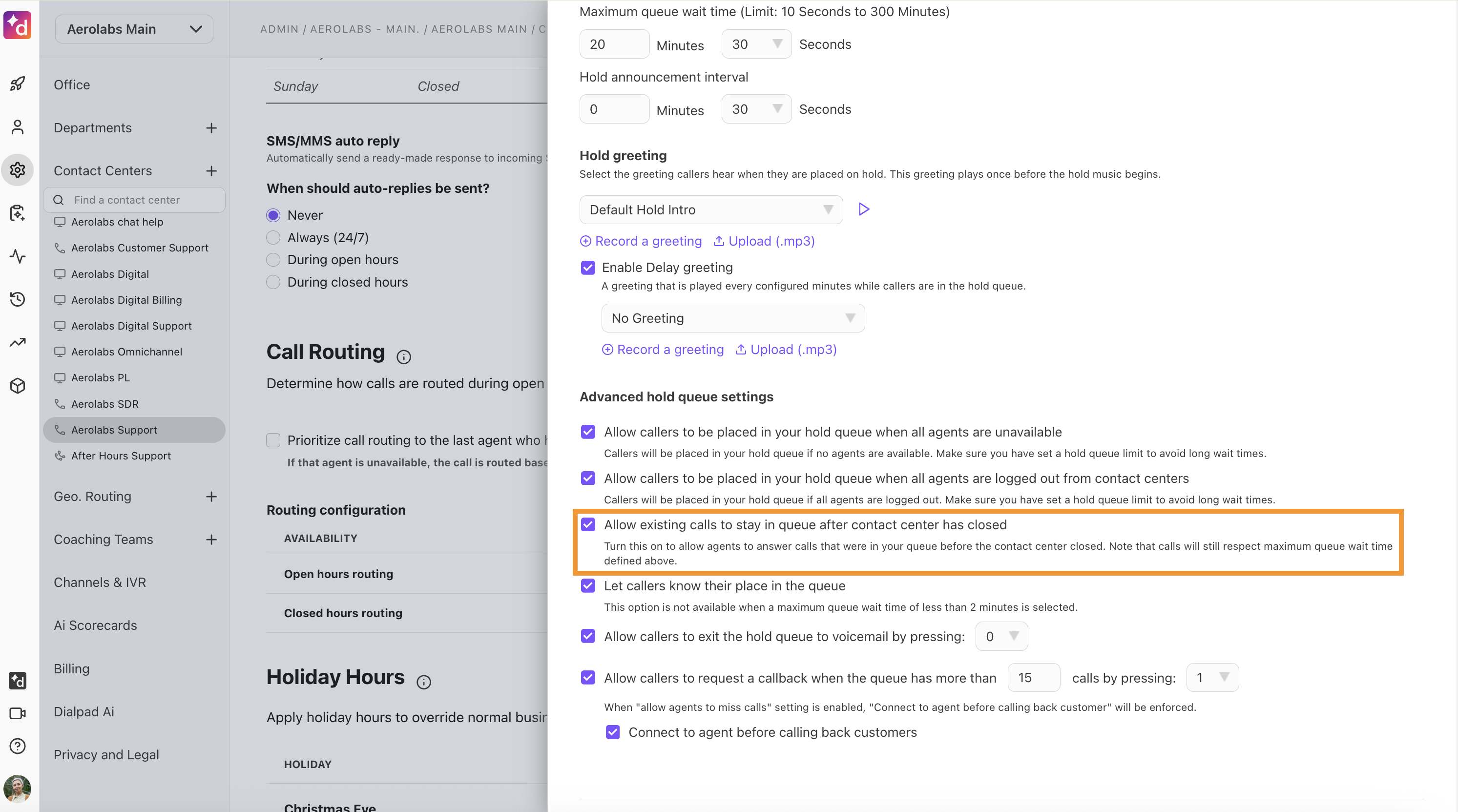 Call Routing settings for a Contact Center. The option to allow Agent callbacks after closing hours is highlighted.