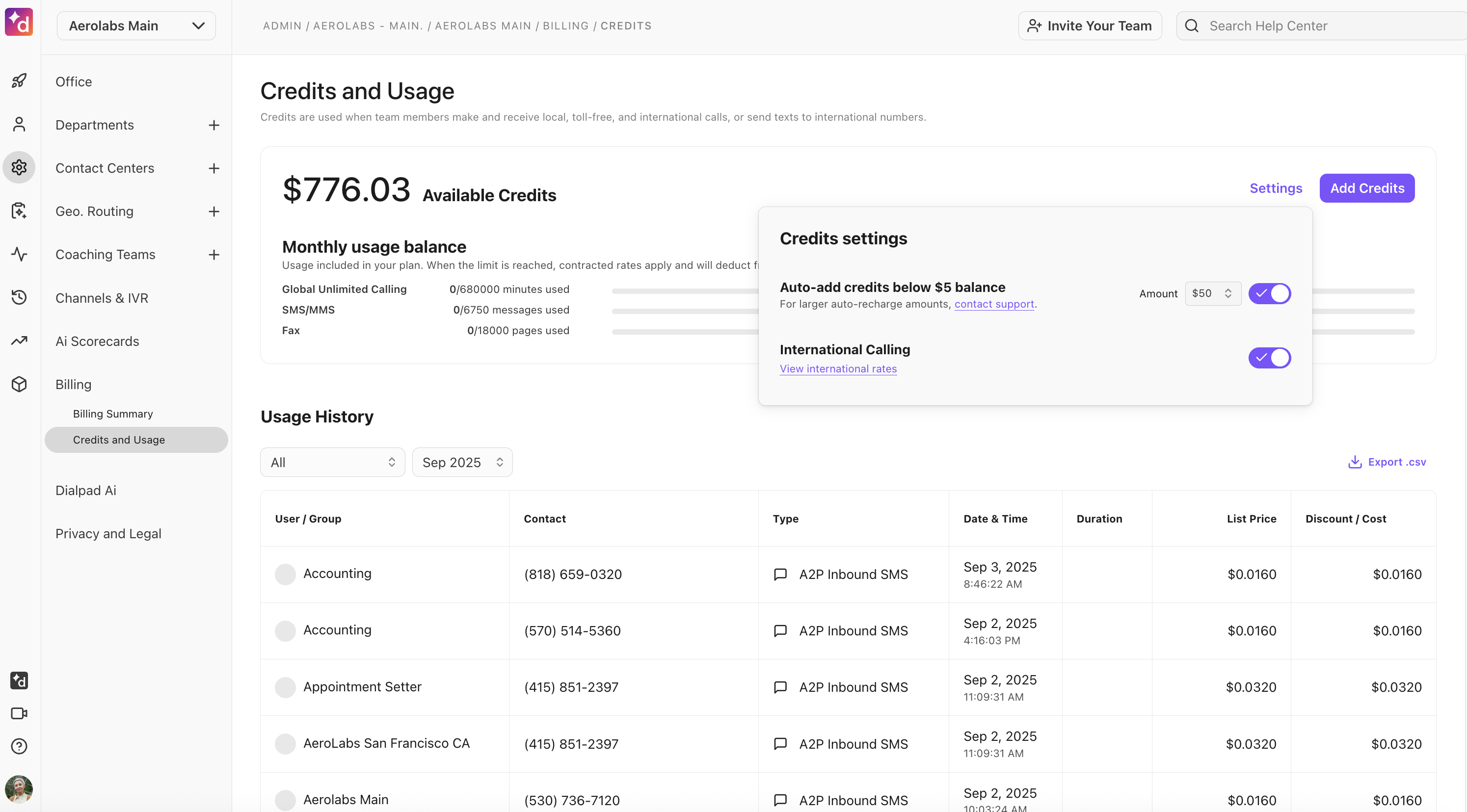 Office Settings page for Billing. The Credits and Usage page is displayed, showing calling options for credits and international calling.