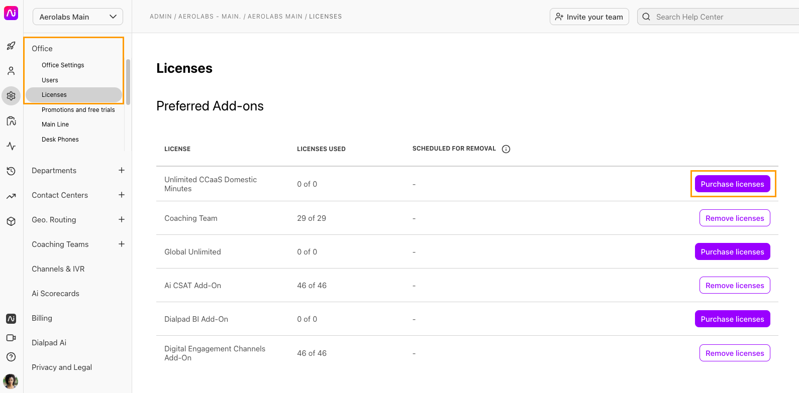 Purchase add on licenses