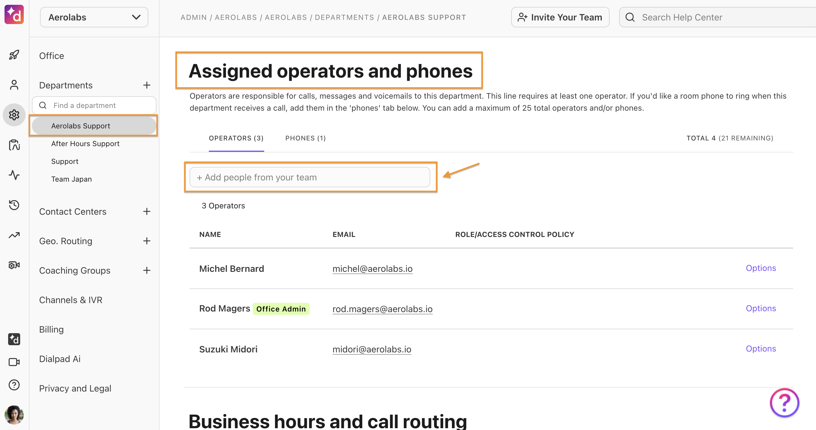 Assign operators and phones page.
