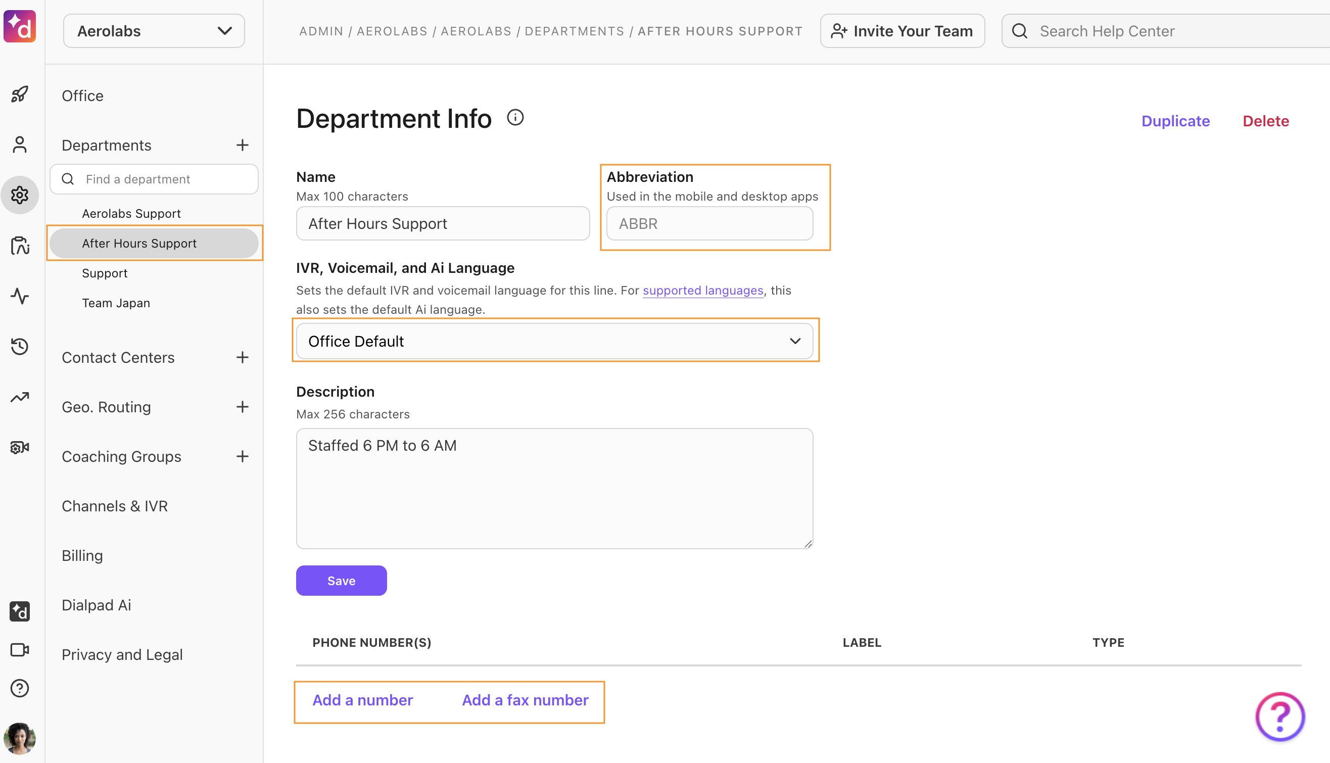 New department page