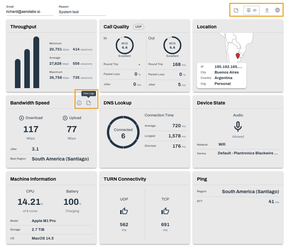 Screenshot of a System Test results dashboard with orange boxes highlighting the top-right toolbar icons for logs, ID, PDF download, and language, as well as the 'View Logs' icon on the Bandwidth Speed card.