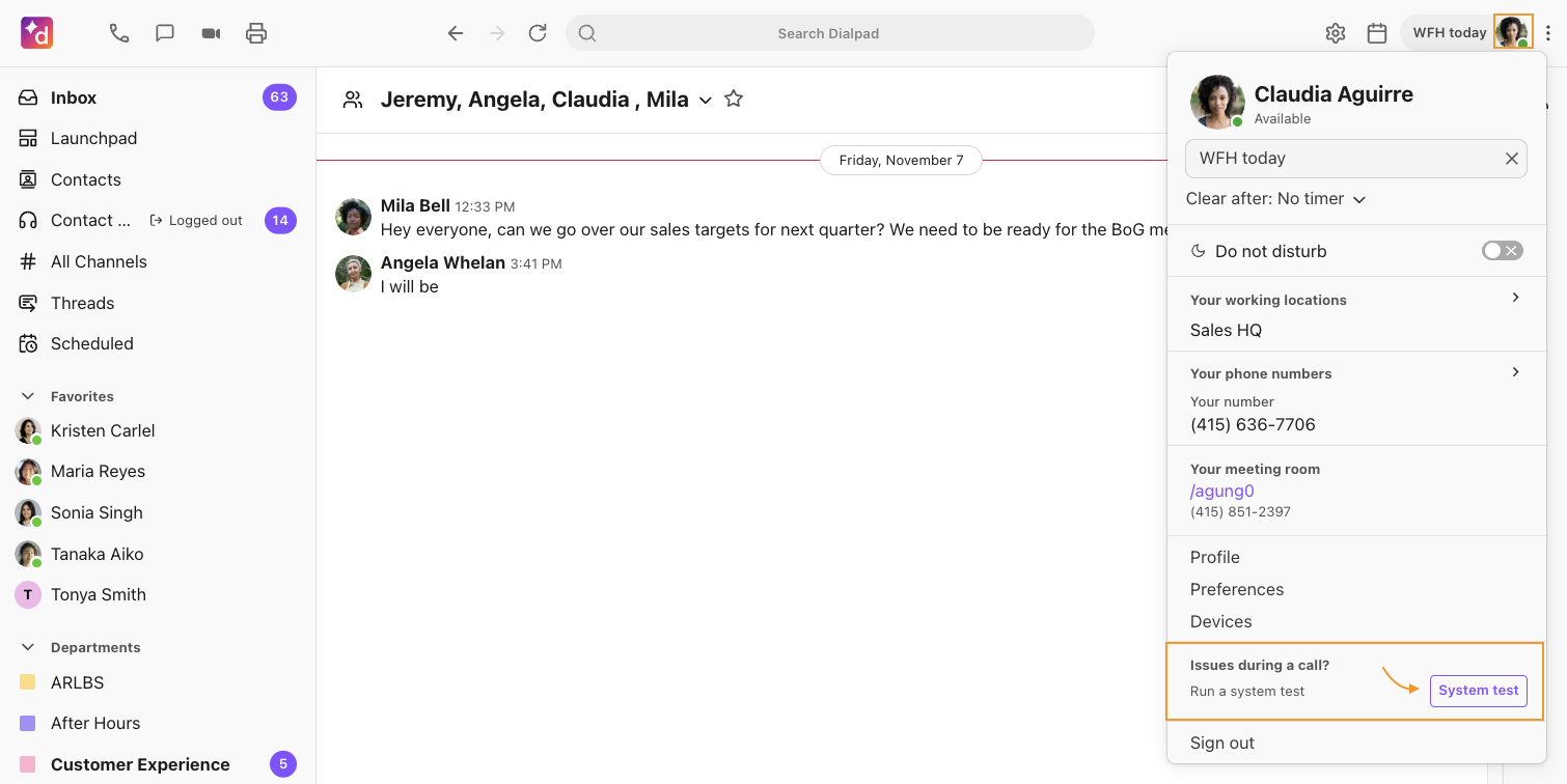 Screenshot of the Dialpad desktop application with the user profile dropdown menu open, featuring an orange box highlighting the 'Issues during a call?' section and an arrow pointing to the 'System test' button.