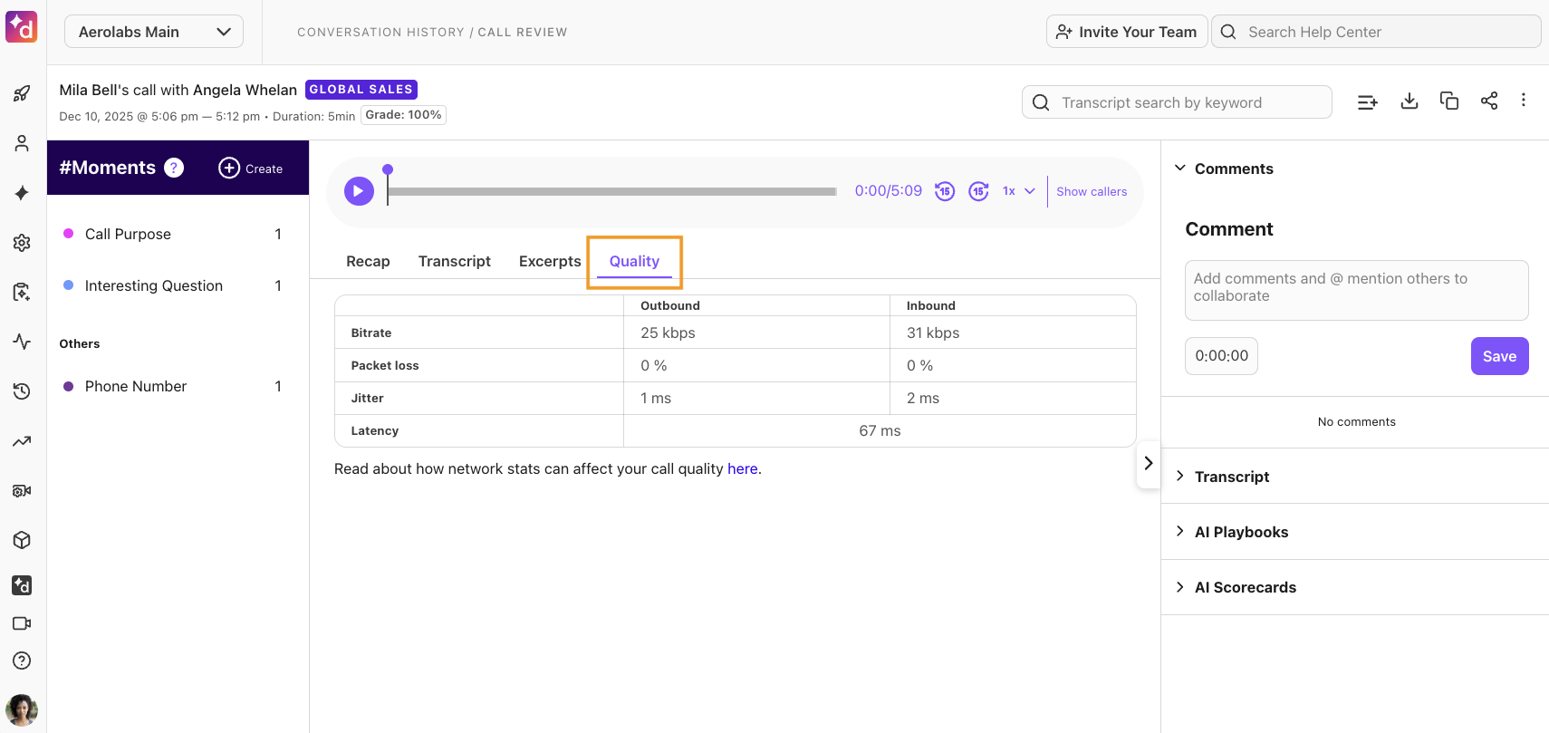 Screenshot of a Dialpad Call Review page with an orange box highlighting the 'Quality' tab, displaying inbound and outbound metrics for bitrate, packet loss, jitter, and latency.