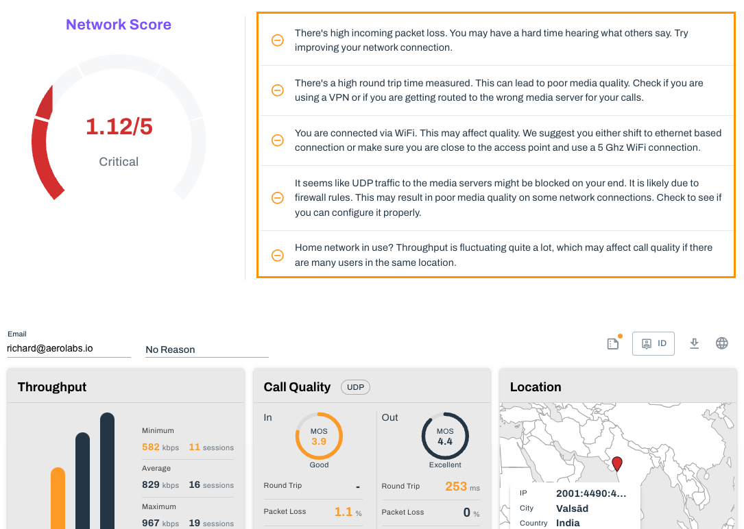 Screenshot of a Dialpad System Test results page displaying a critical Network Score of 1.12/5, with an orange box highlighting a list of specific network recommendations to improve connection quality.